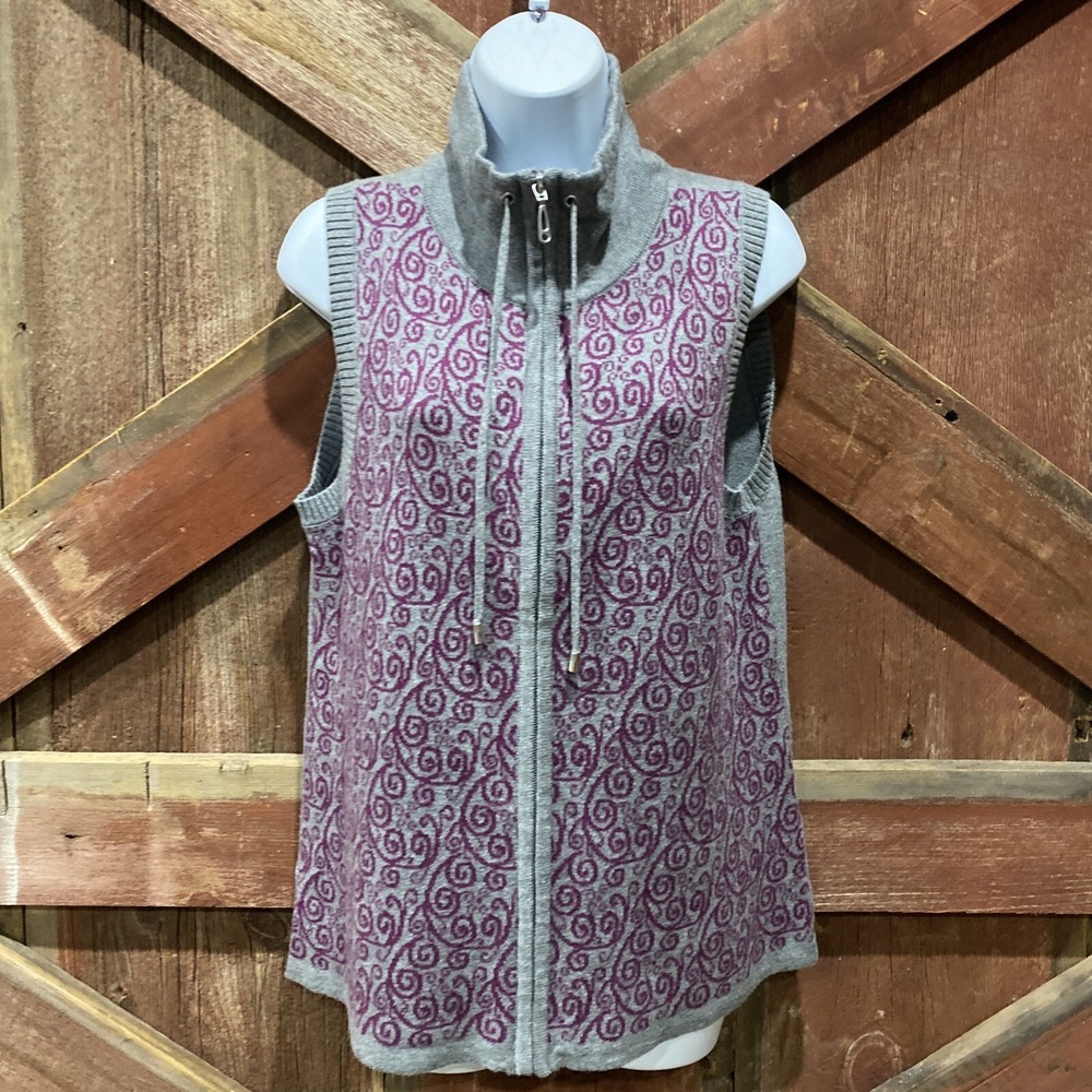 Christopher Banks Sweater Vest Full Zip Medium Grey Purple Filigree Outdoors